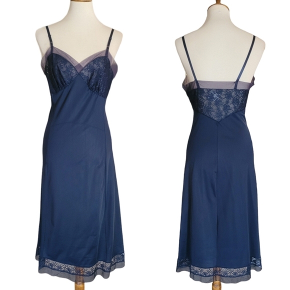 Vintage 60's Rodgers Navy Blue Lace Slip Dress - Picture 1 of 6
